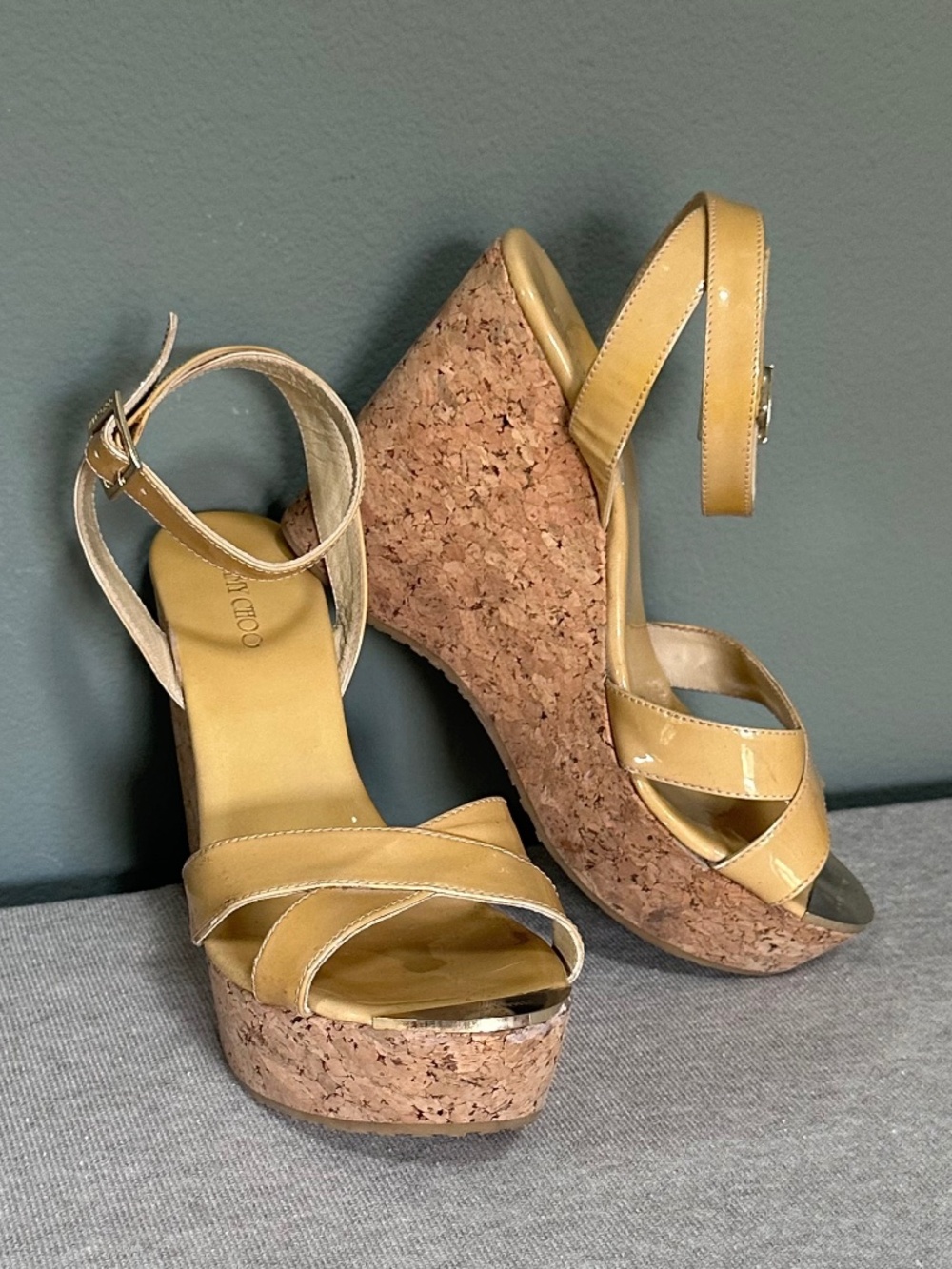 Jimmy Choo-Yellow Patent Leather Cork Wedge Sandals